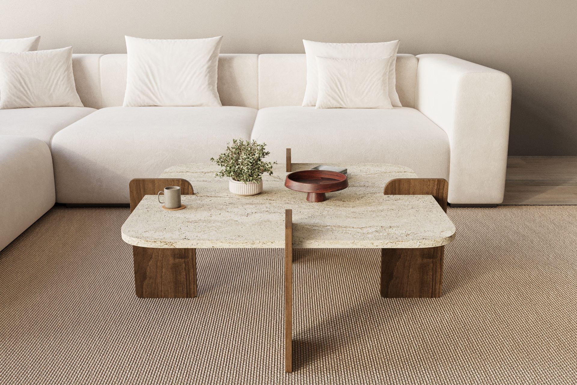 Konferenčný stolík Poalla – travertín, orech