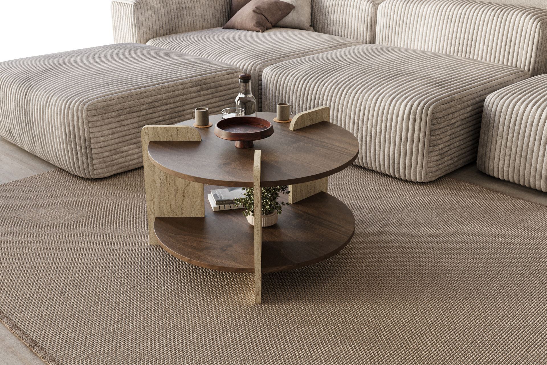 Konferenčný stolík Oalla – orech, travertín