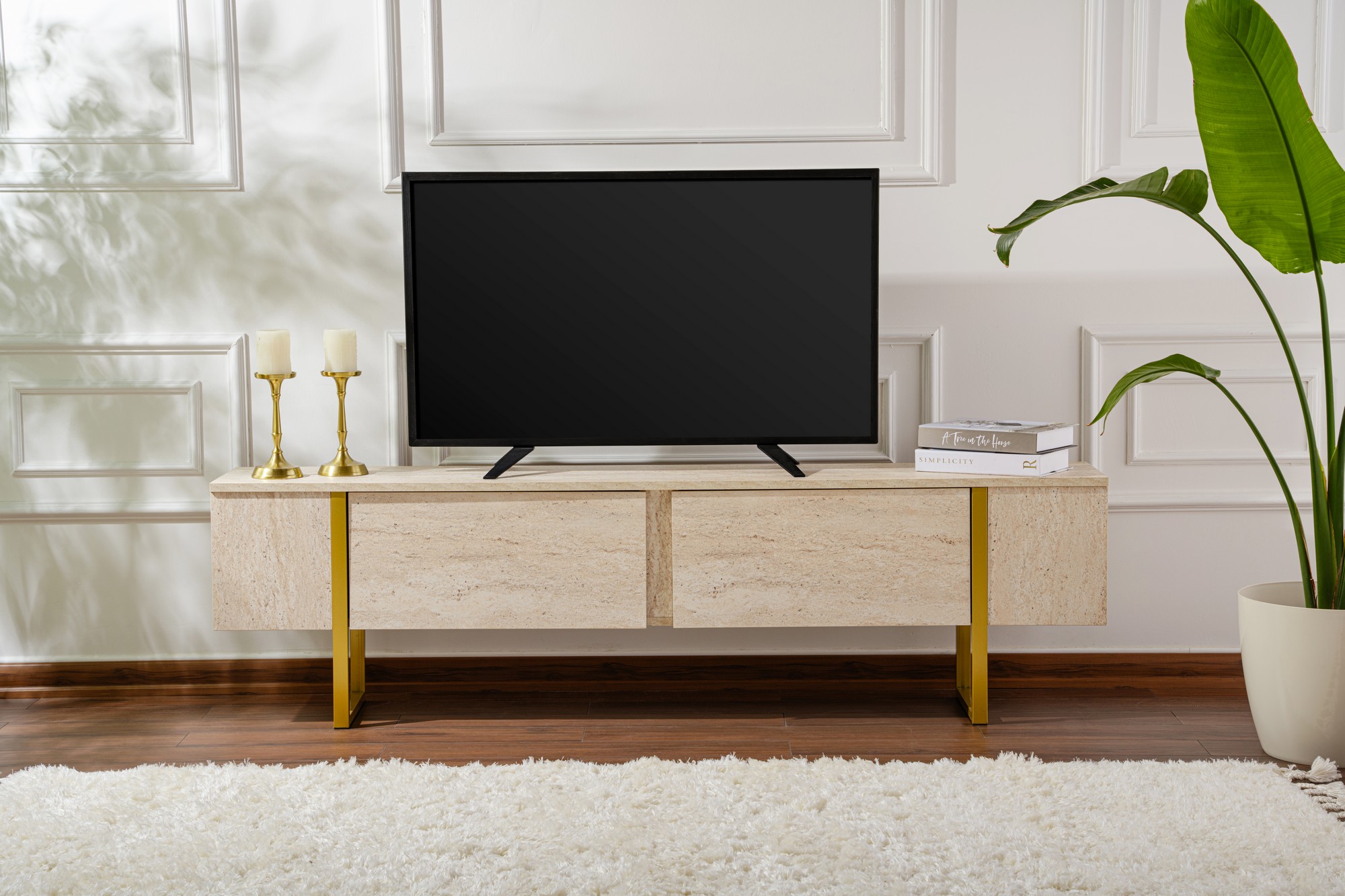 TV skrinka Serenity – Travertín/Zlatá