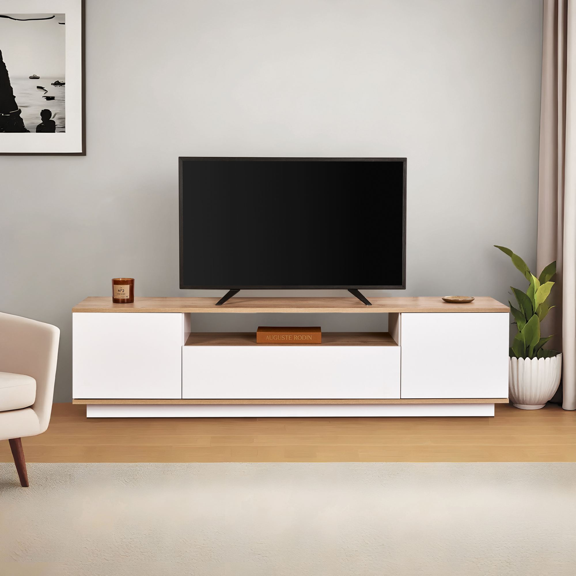 TV skrinka Veramont – Biela/dub Cadiz
