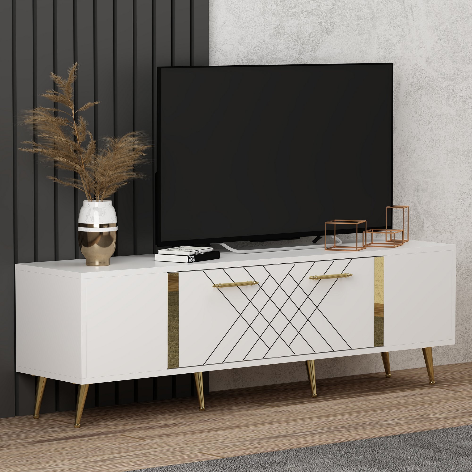 TV skrinka Detas – biela/zlatá