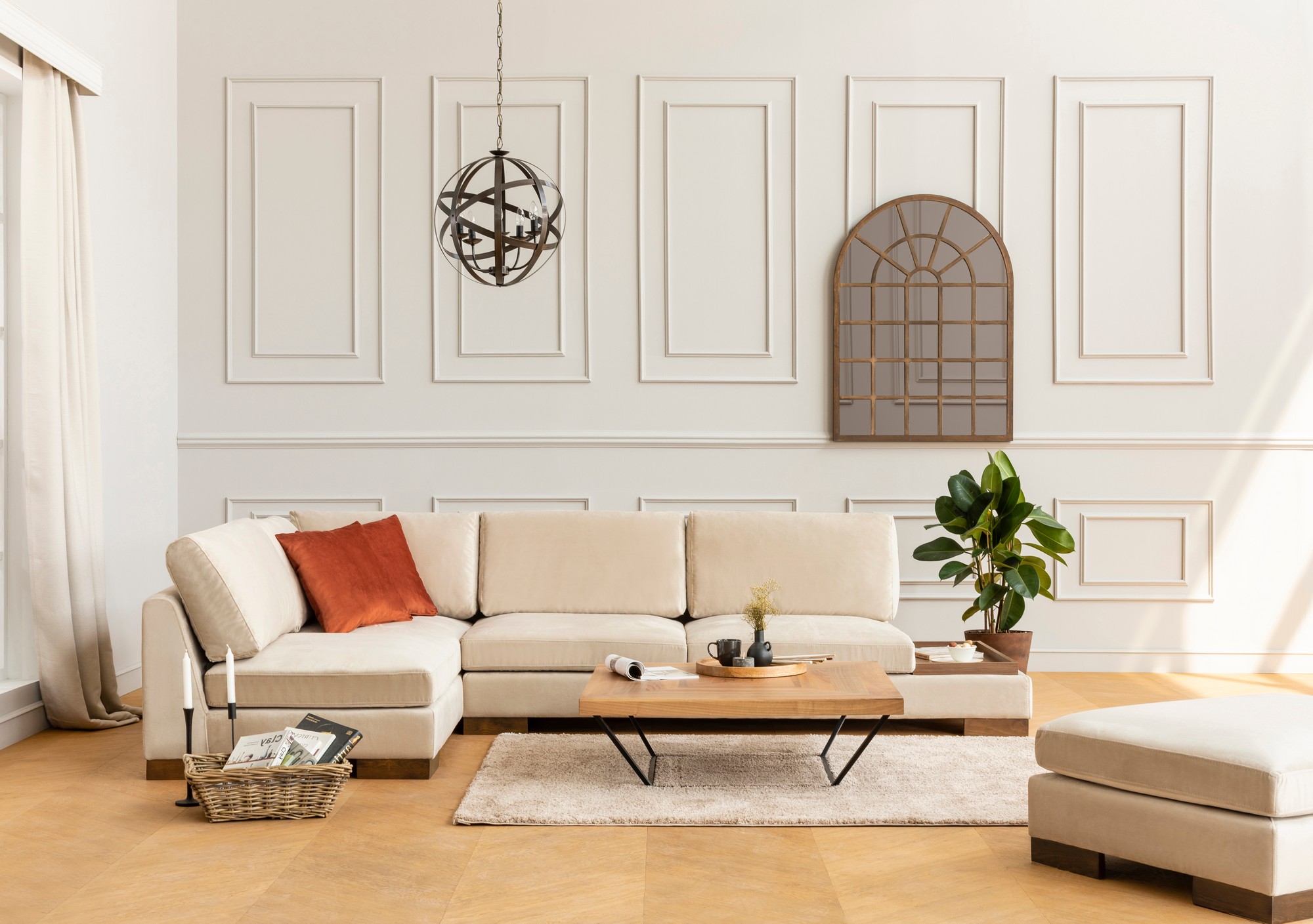 Rohová sedačka Tulip, ľavý roh s taburetkou – béžová