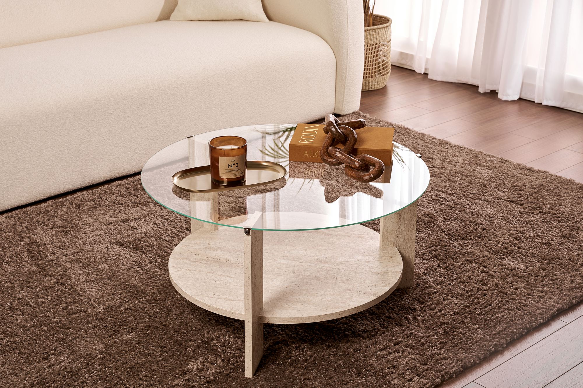 Konferenčný stolík Clara – Travertín, priehľadná