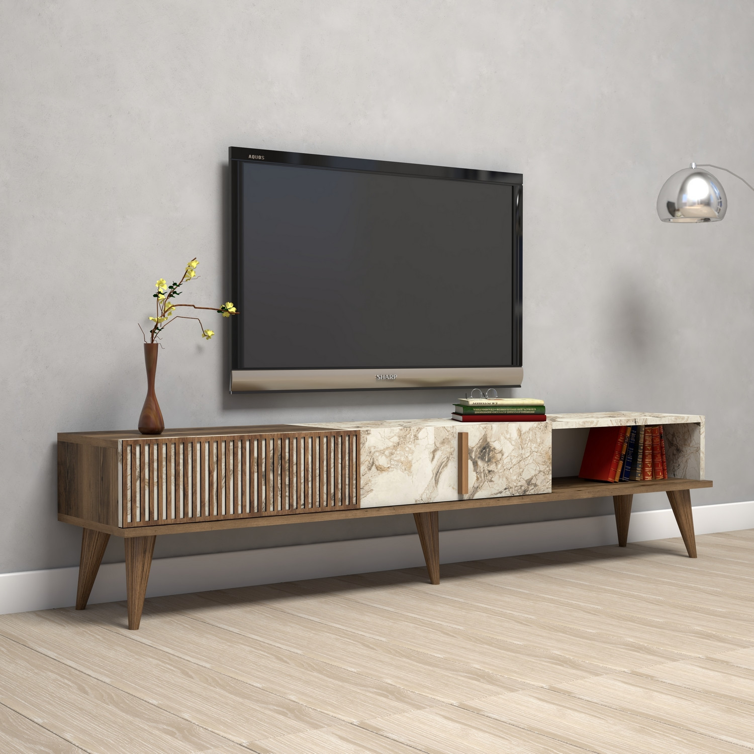 TV skrinka Milan – vlašský orech/biely mramor