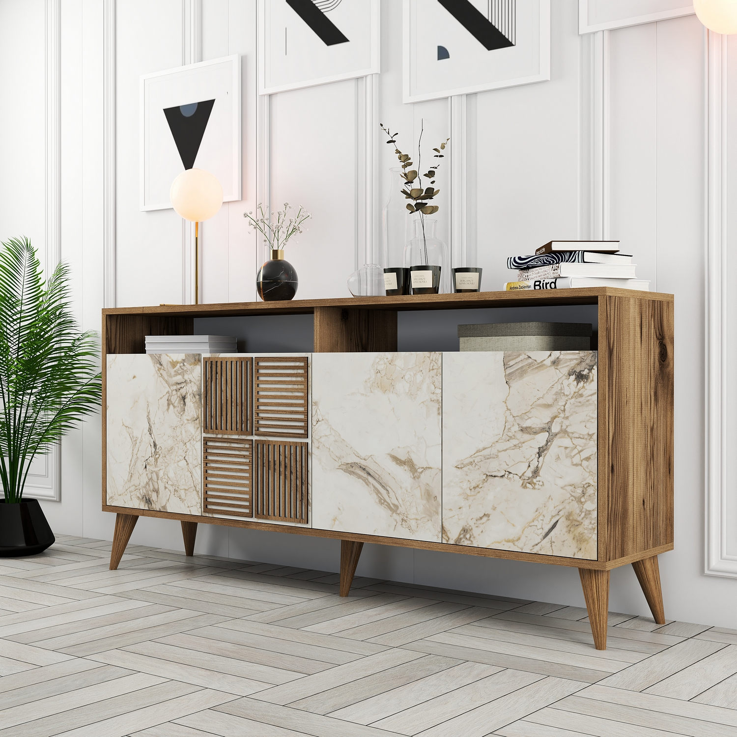 Komoda Milan 160 – orech, biely mramor